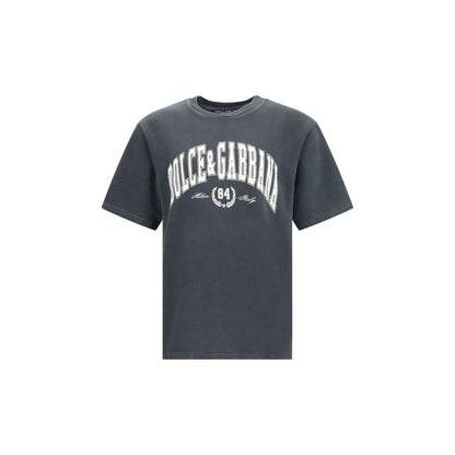 Dolce & Gabbana Gray Cotton T-Shirt with front print, regular fit, ribbed crew neck, short sleeves, 100% cotton, modern casual style.