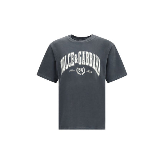 Dolce & Gabbana Gray Cotton T-Shirt with front print, regular fit, ribbed crew neck, short sleeves, 100% cotton, modern casual style.