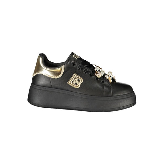 Laura Biagiotti Black Polyester Women Sneaker with 4 cm platform and iconic applique, perfect for fashion-forward urban adventures.