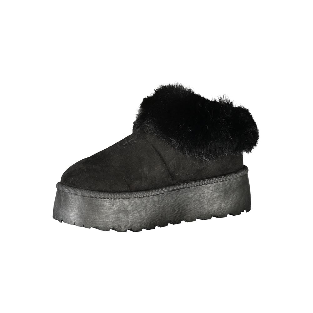 Laura Biagiotti Black Polyester Women Sneaker with plush fur detail and 4 cm wedge heel, perfect for sporty-chic fashion.