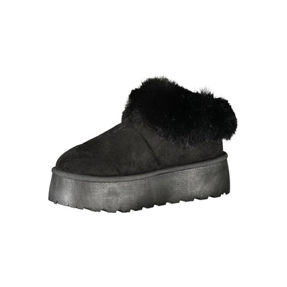 Laura Biagiotti Black Polyester Women Sneaker with plush fur detail and 4 cm wedge heel, perfect for sporty-chic fashion.