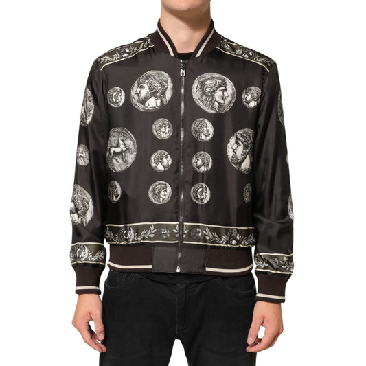 Dolce & Gabbana Black "Monete" Coin Print Silk Bomber Jacket