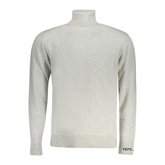 Pepe Jeans Gray Cotton Men Sweater turtleneck with embroidery logo, luxurious cotton-wool-cashmere blend, sophisticated style.