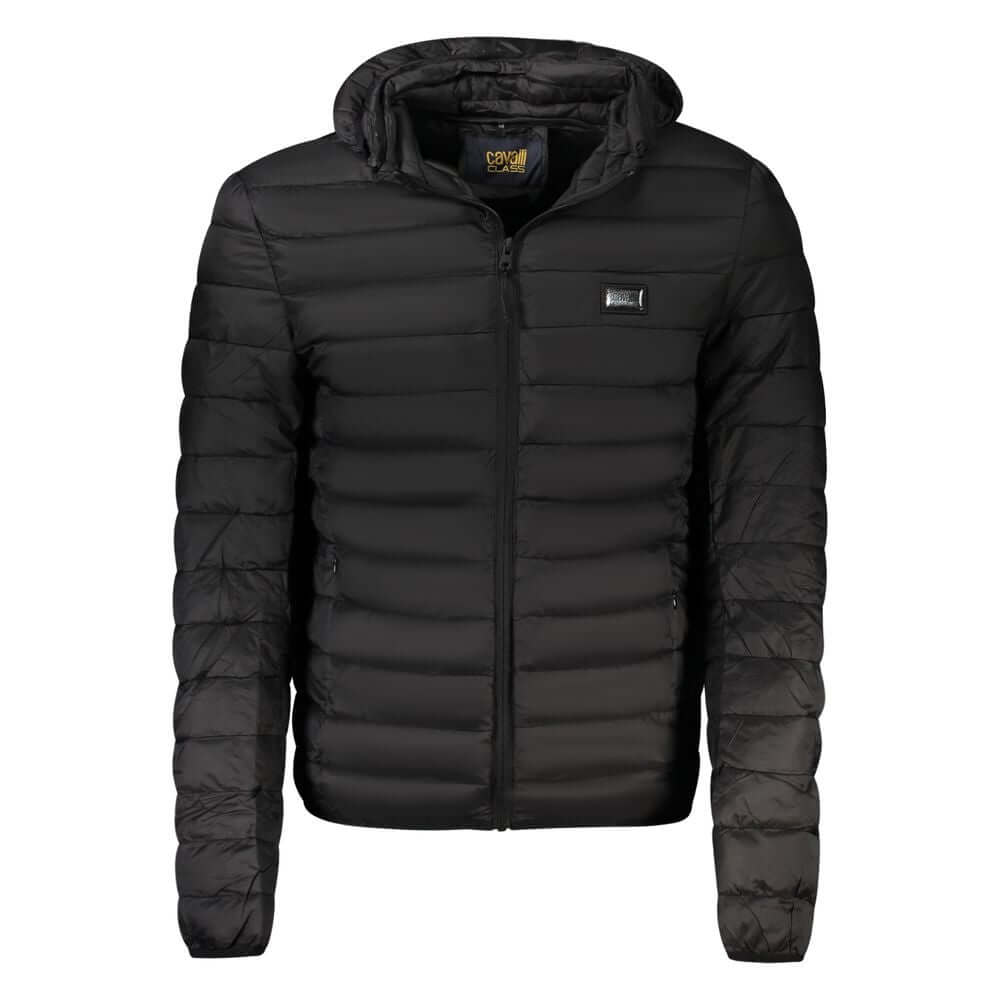 Cavalli Class Black Polyester Men Jacket with removable hood, long sleeves, zip closure, and two pockets