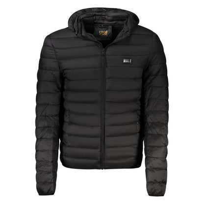 Cavalli Class Black Polyester Men Jacket with removable hood, long sleeves, zip closure, and two pockets