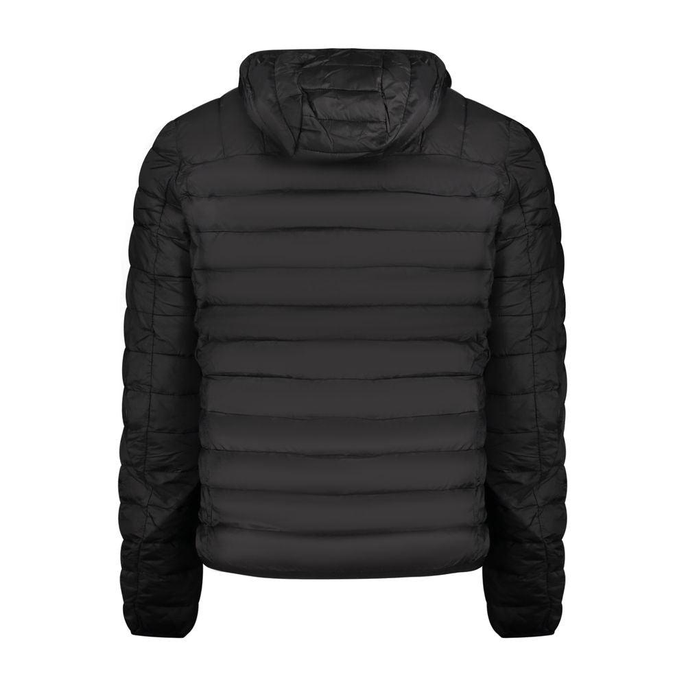 Cavalli Class Black Polyester Men Jacket with removable hood, 2 external and 2 internal pockets, back view for sleek styling.