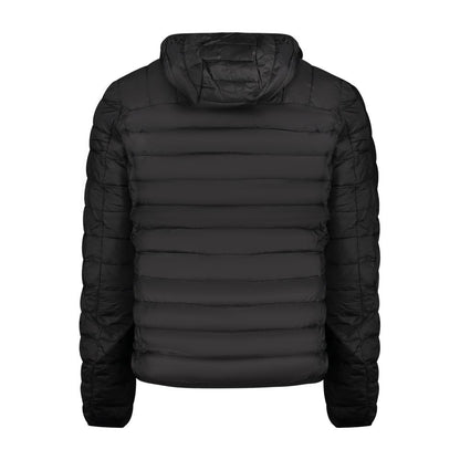 Cavalli Class Black Polyester Men Jacket with removable hood, 2 external and 2 internal pockets, back view for sleek styling.