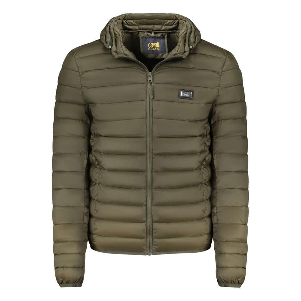 Cavalli Class Green Polyester Men Jacket, elegant long-sleeved design with removable hood and insulation for versatile warmth and style.