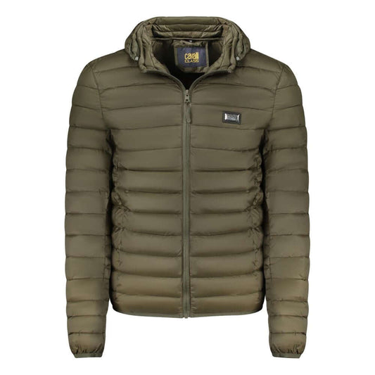 Cavalli Class Green Polyester Men Jacket, elegant long-sleeved design with removable hood and insulation for versatile warmth and style.