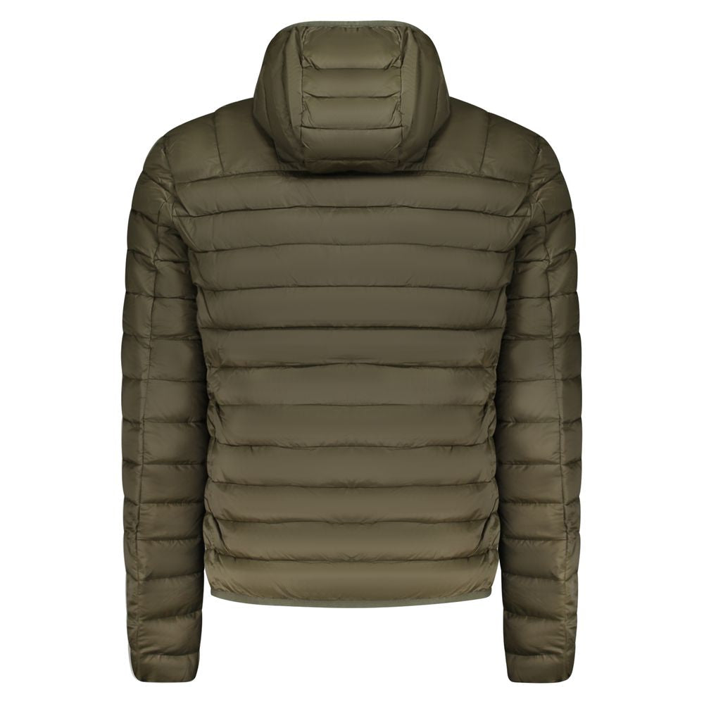 Back view of Cavalli Class Green Polyester Men Jacket with removable hood, showcasing sleek design and high-quality polyester material.