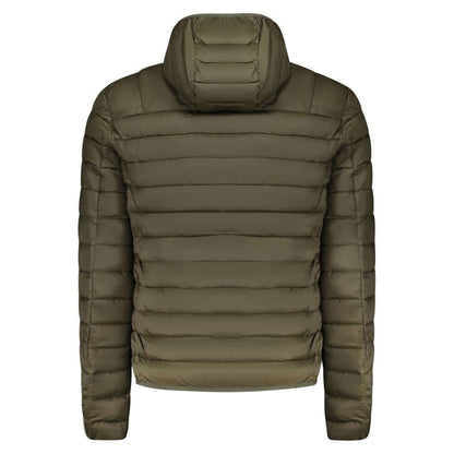 Back view of Cavalli Class Green Polyester Men Jacket with removable hood, showcasing sleek design and high-quality polyester material.