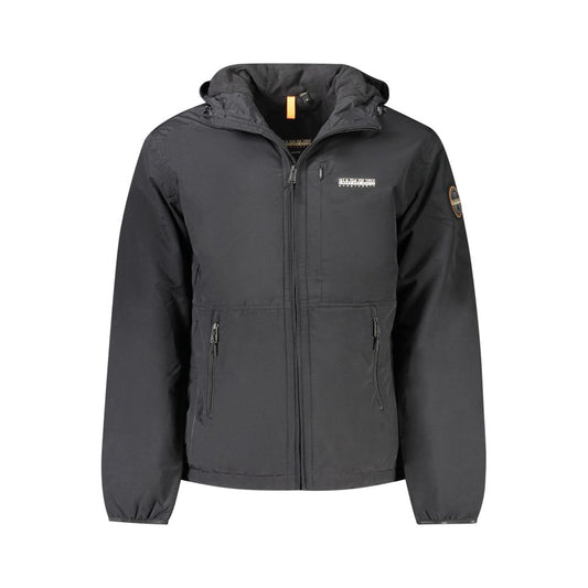 Napapijri Black Polyamide Men Jacket, stylish hooded design with practical pockets for adventure seekers.
