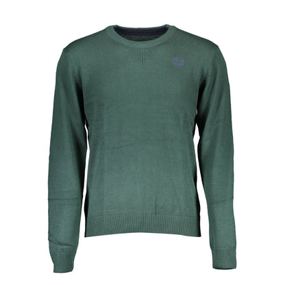 Gianmarco Venturi Green Cotton Sweater, long-sleeved crew-neck with embroidery and contrasting details.