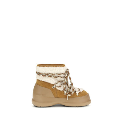 Moon Boot Beige Leather Ankle Boots with shearling lining, crossover laces, and non-slip sole for comfort and style.