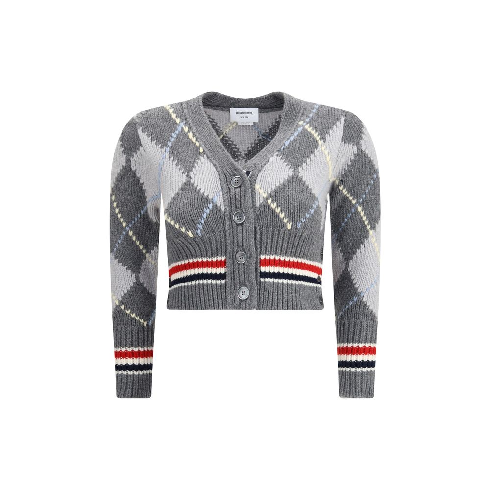 Thom Browne Gray Fleece Wool Cardigan with argyle pattern, V-neck, button closure, and cropped length for versatile styling. AW25 collection.
