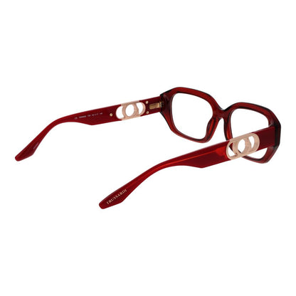 Trussardi Red Acetate Glasses (Frames) full-rim rectangle style for women with red acetate frame, demo lenses, and branded case.