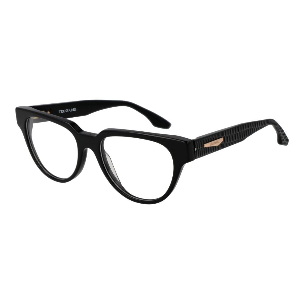 Alt Tag: Trussardi Black Acetate Glasses (Frames) for women, full-rim with demo lenses, spring hinge design, includes branded case.