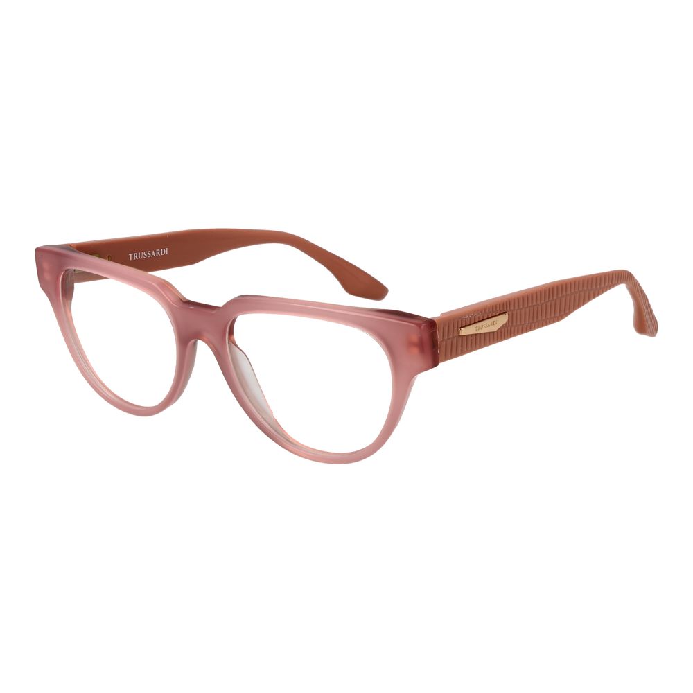 Trussardi Pink Acetate Glasses Frames for women with rose full-rim acetate frame and demo lenses, panto style, size 53-17-145.