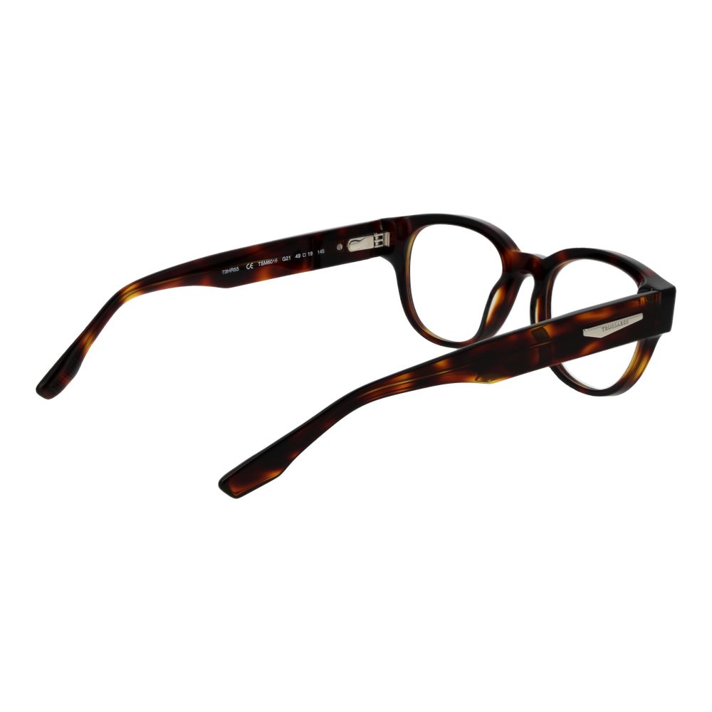 Trussardi Brown Acetate Glasses (Frames) for men, full-rim panto style, brown acetate frame, with demo lenses and spring hinge.