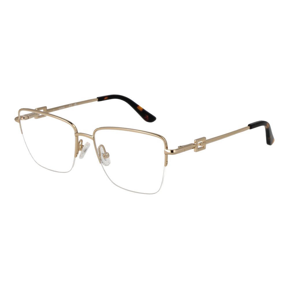 Guess Gold Metal Glasses (Frames) for women, half-rim rectangle style, gold metal frame, demo lenses, 53mm width.