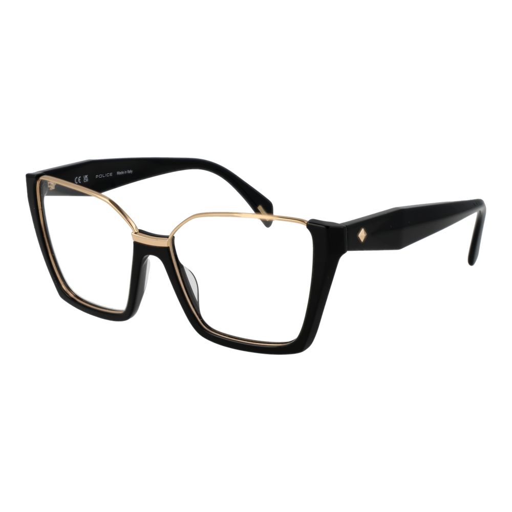 Police Black Cellulose Acetate Glasses (Frames), women's full-rim square style in black with demo plastic lenses.