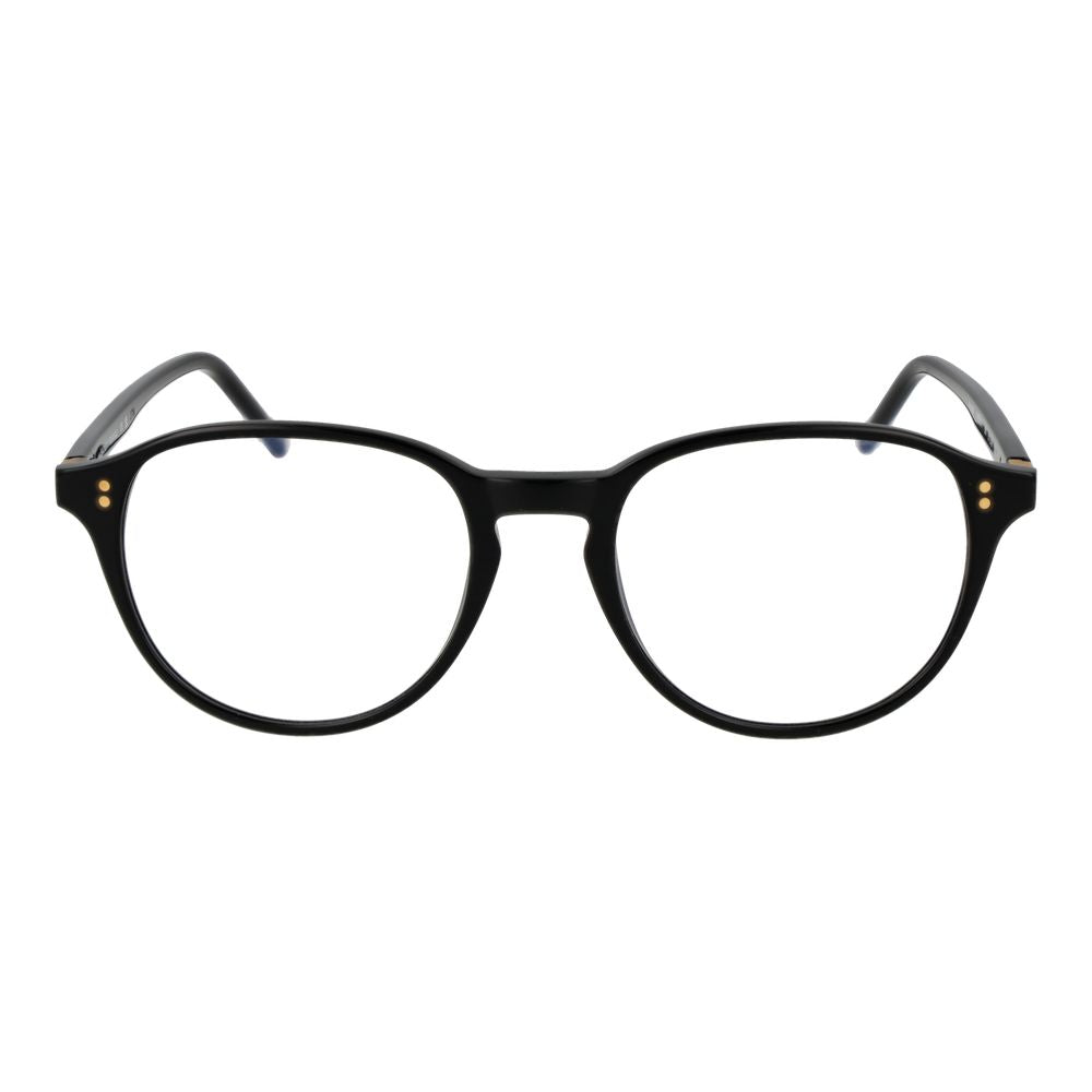 Hackett Black Acetate Glasses (Frames), men's full-rim black panto style with demo lenses, acetate frame material, includes branded case.