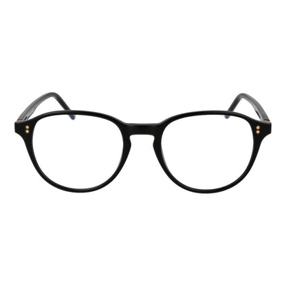 Hackett Black Acetate Glasses (Frames), men's full-rim black panto style with demo lenses, acetate frame material, includes branded case.