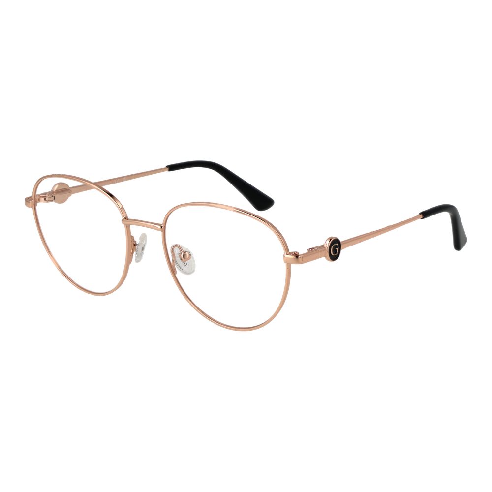 Guess Rose Gold Metal Glasses (Frames) for women, full-rim panto style with demo lenses, includes branded case, spring hinge design.