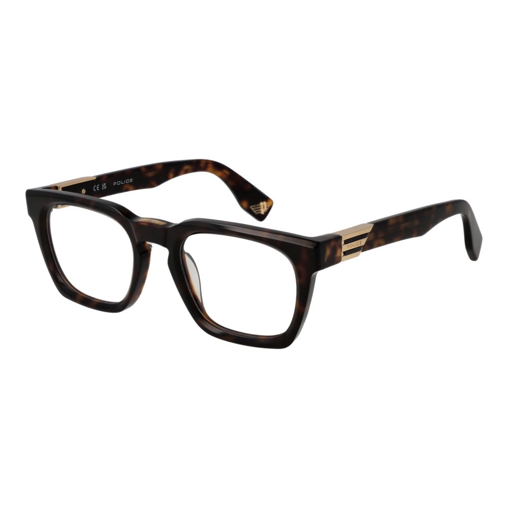 Police Brown Cellulose Acetate Glasses (Frames), square full-rim eyewear for men with demo lenses and 51-22-145 dimensions.