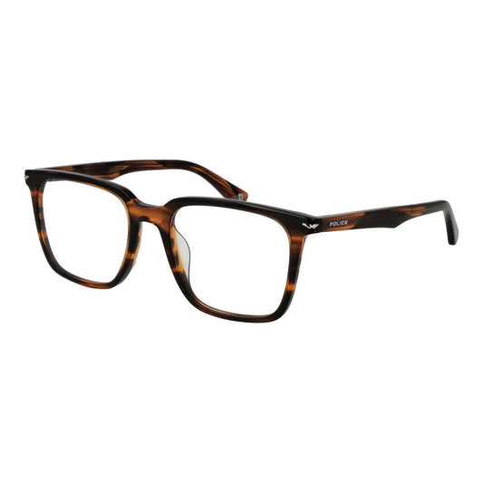 Police Brown Cellulose Acetate Glasses (Frames) for men, square full-rim style, brown color with demo lenses, size 53-19-145.