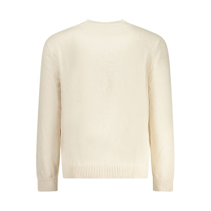 Tommy Hilfiger Beige Cotton Men Sweater with crew neck, featuring delicate embroidery and iconic logo for a chic and comfy style.