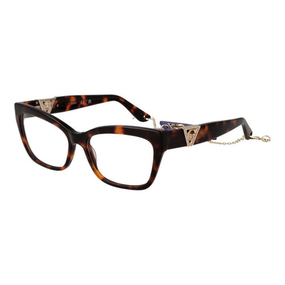 Guess Brown Acetate Glasses (Frames) for women, full-rim cat-eye style with spring hinges and demo lenses, includes branded case.