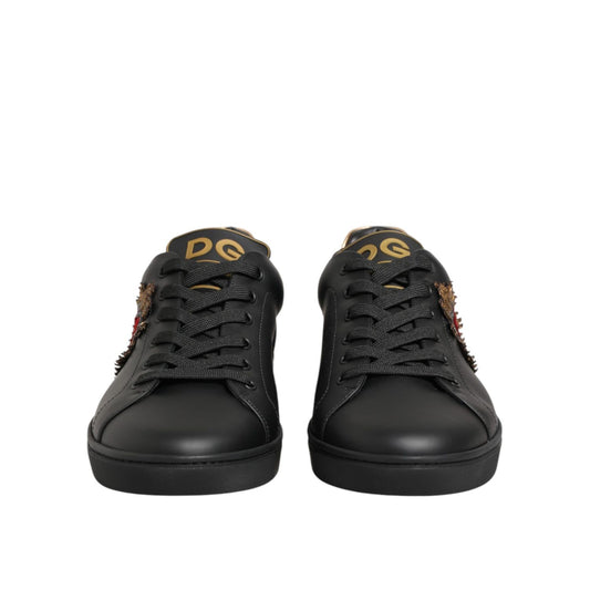 Dolce & Gabbana Black Leather Heart Embellished Sneakers Shoes