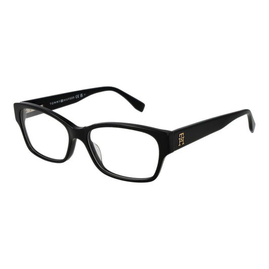 Tommy Hilfiger Black Acetate Glasses (Frames) for women, full-rim rectangle style with branded case, spring hinge, and demo lenses.