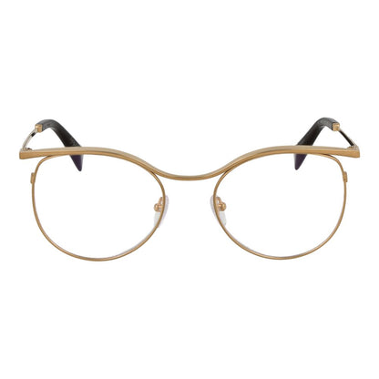 Yohji Yamamoto Gold Metal Glasses (Frames) in round style with gold full-rim design, demo lenses, and plastic frame. Size: 53-18-145.