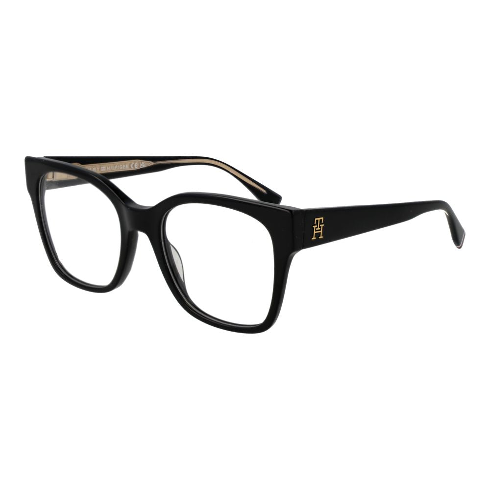 Tommy Hilfiger Black Acetate Glasses (Frames); full-rim rectangle design for women with a branded case and spring hinge, black acetate material.