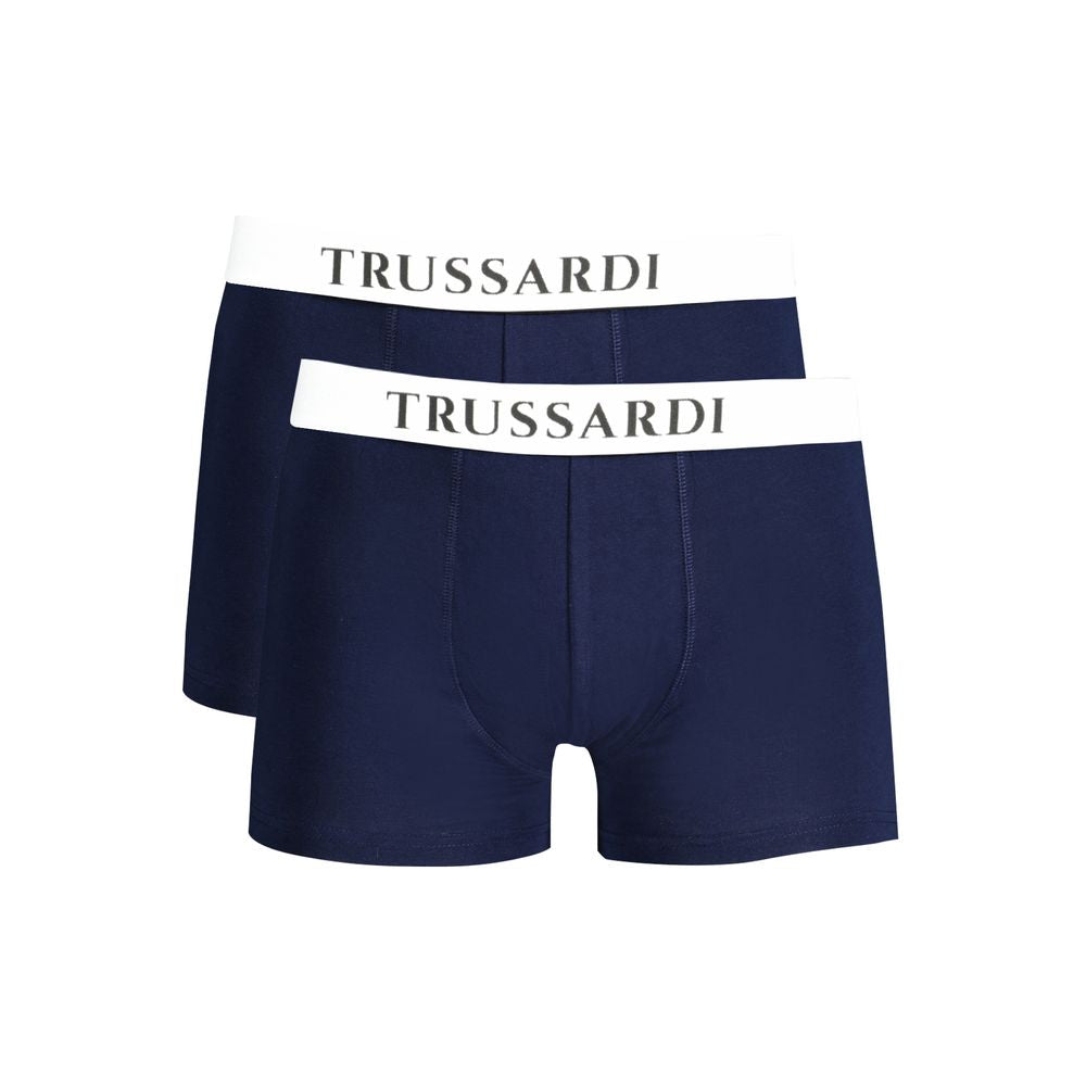 Trussardi Blue Cotton Underwear with elastic waist and logo, basic bi-pack boxer set featuring a stylish print design.