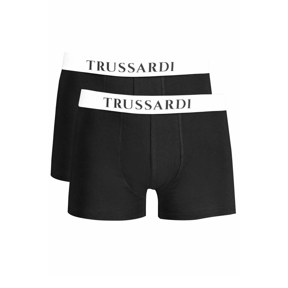 Trussardi Black Cotton Underwear boxer with elastic waistband, basic bi-pack design, featuring logo print.