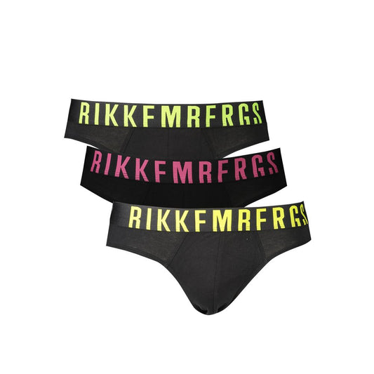 Bikkembergs Black Cotton Underwear pack of three with elastic waistband and fluo print in green, fuchsia, and yellow logo.
