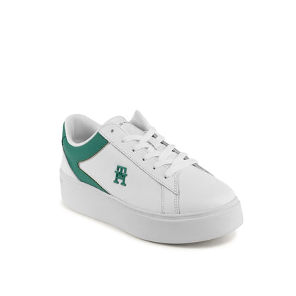 Tommy Hilfiger White Leather Low Top Sneakers for women, featuring a stylish design with green accents, made in Vietnam.