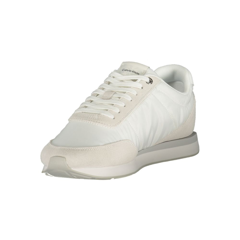 Calvin Klein White Polyester Men Sneaker with grey accents, featuring iconic logo and removable footbed for comfort.