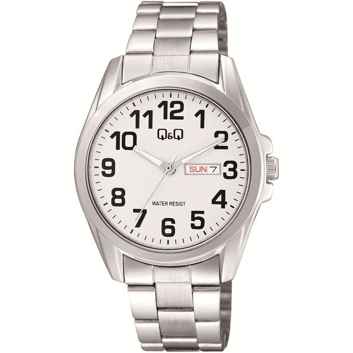 Q&Q Mod. GENT DAY & DATE wristwatch, 40mm metal case, water-resistant 3 ATM, metal strap, quartz movement, day & date function.