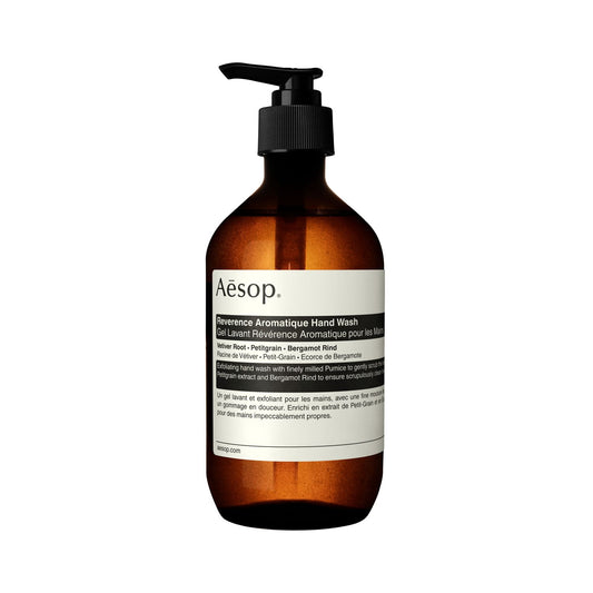AESOP Reverence Aromatique hand wash 500ml bottle with pump dispenser, featuring aromatic blend for hand care and cleanliness.