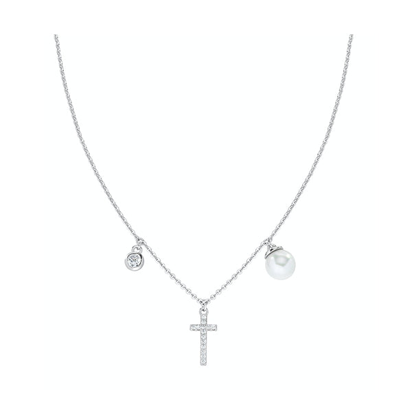 AMEN JEWELRY Mod. CLCRPEBBZ silver necklace with cross and pearl charms