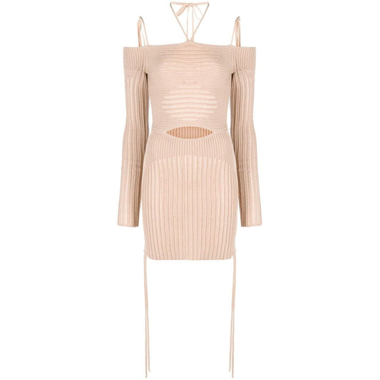 Alt Tag: ANDREĀDAMO Andrea Adamo Dresses Beige ribbed-knit mini dress with cut-out detailing, halterneck, long sleeves, and square open back.