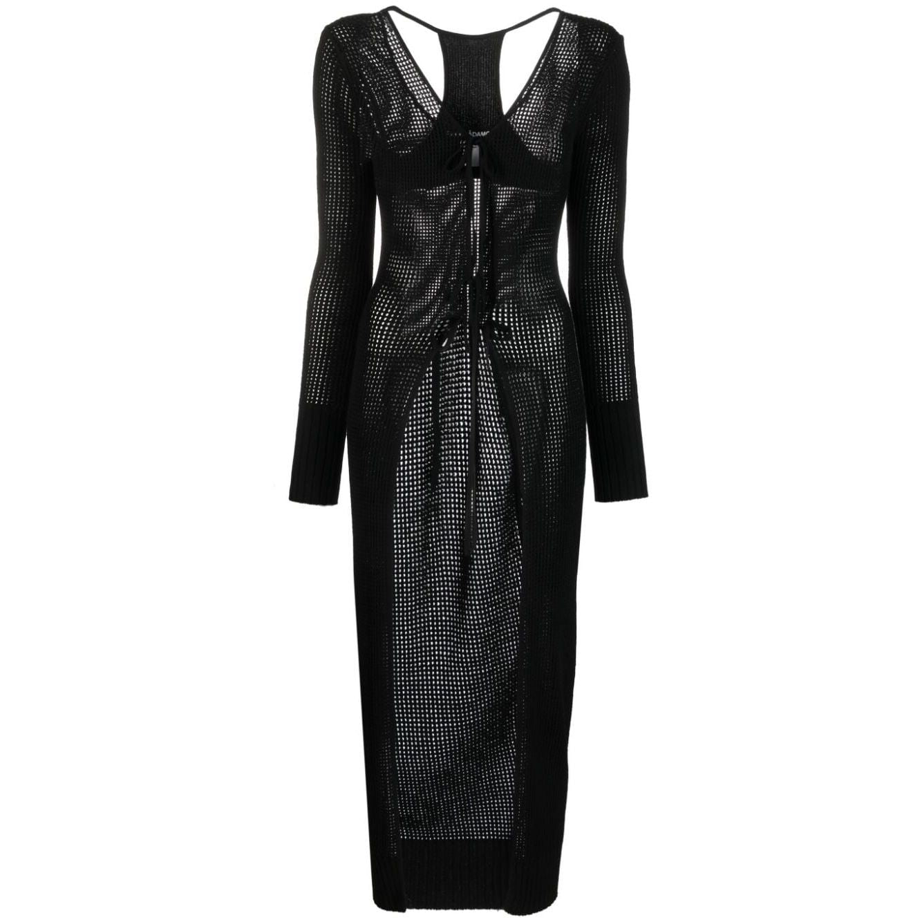 Black semi-sheer racerback knitted cardigan by ANDREĀDAMO Andrea Adamo Sweaters Black, featuring ribbed detailing and long sleeves.