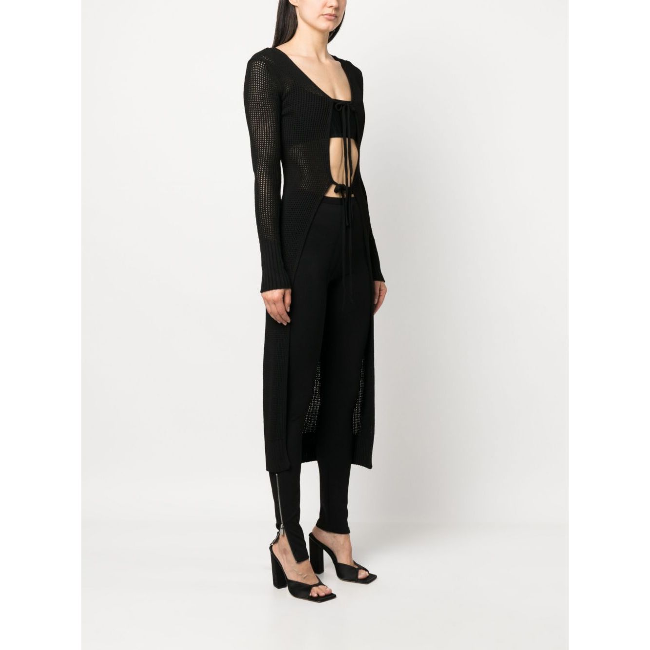 ANDREĀDAMO Andrea Adamo Sweaters Black, semi-sheer racerback knitted cardigan with ribbed detailing, front tie fastening and long sleeves.