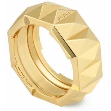 ANELLI GUCCI MOD. YBC702379001 gold geometric ring with embossed Gucci branding, luxury fashion accessory.