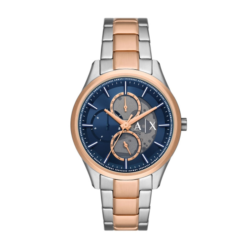 Alt Tag: ARMANI EXCHANGE Mod. AX1874 gent's wristwatch with rose gold and stainless steel bracelet, blue dial, quartz movement, and 5 ATM water resistance.