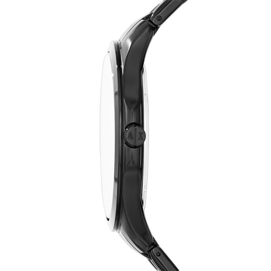 Side view of A|X ARMANI EXCHANGE Mod. HAMPTON wristwatch, showcasing stainless steel case and SS bracelet, water resistant 5 ATM, quartz movement.